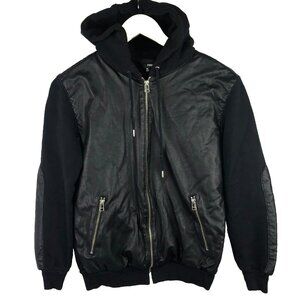Aritzia Wilfred Bomber Jacket Women Size XS Black Faux Leather Zip Front Hoodie